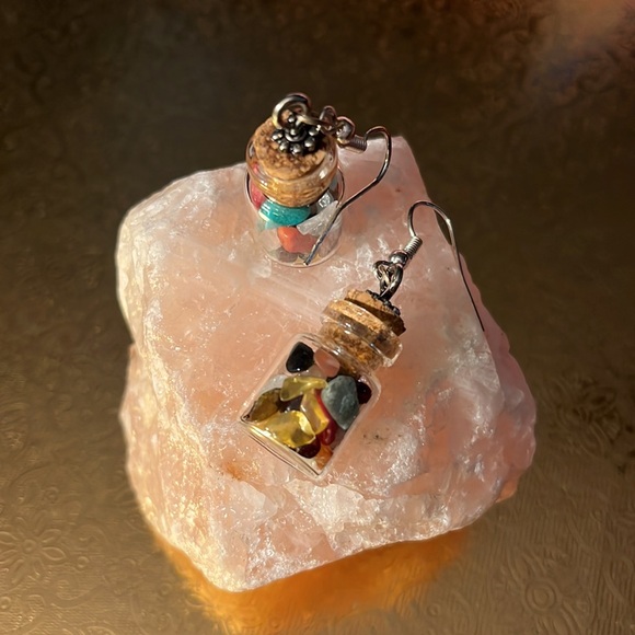 Handcrafted Mixed Semiprecious Stone in Glass Vials Silver Plated Earrings - Picture 4 of 5